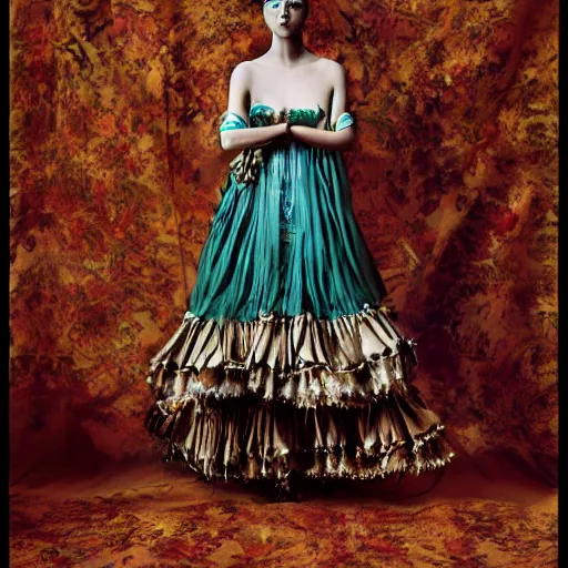 Prompt: beautiful avant garde fashion photograph of Indian model, weating dress designed by Yohji Yamamoto, shot by Tim Walker in a detailed rococo style set designed studio, detailed art direction, full body portrait