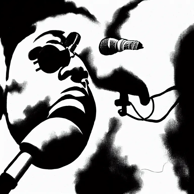 Image similar to rapping into microphone, epic angle, profile view, illustrated by Victor Moscoso