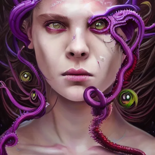 Image similar to art portrait of a furious girl with purple tentacles on her head, and purple eyes, 8k,by tristan eaton, Stanley Artgermm,Tom Bagshaw,Greg Rutkowski,Carne Griffiths,trending on DeviantArt, face enhance,hyper detailed ,full of colour,