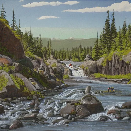 Image similar to tardigrade fishing for salmon at Brooks Falls in Alaska, landscape painting by Moran and George Caitlin