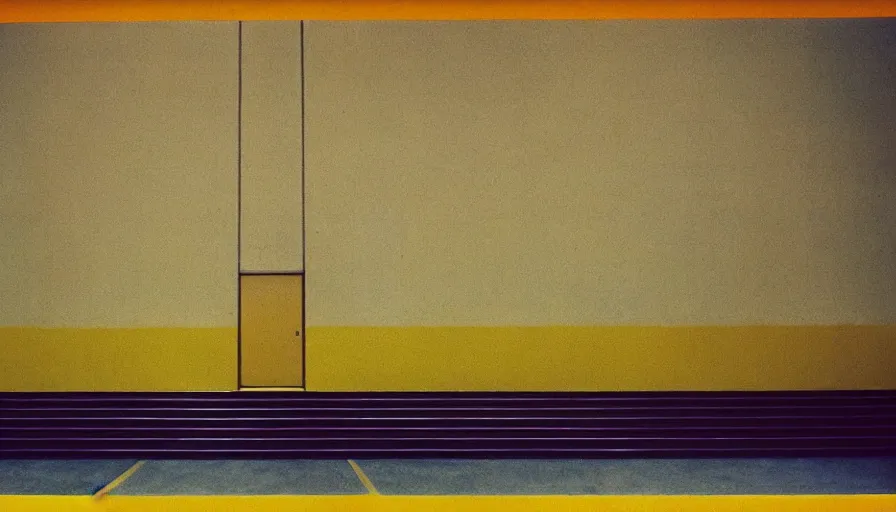 Prompt: 60s movie still of a sovietic stalinist style empty art museum with a soviet congress with yellow wall, LOMOGRAPHY X-PRO PEACOCK, liminal Space style, heavy grain