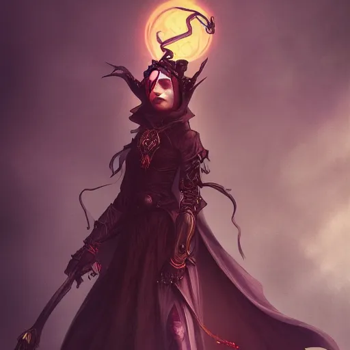 Prompt: a female warlock posing for photo , dynamic pose, natural lighting, medium level shot , epic scene, Mucha style , Grim fantasy, illustration ,concept art,