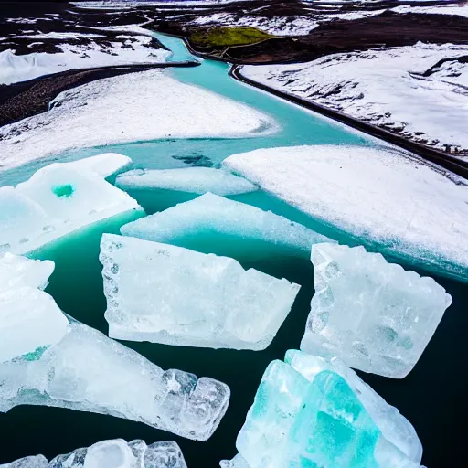 Prompt: top down view of iceland country ice sculpture surrounded by ocean made out of hot lava