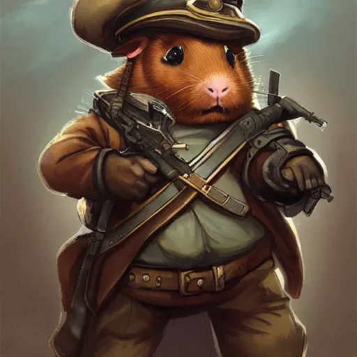 Prompt: cute little anthropomorphic Guinea Pig Soldier wielding a revolver in city, tiny, small, short, WW1 USA outfit, cute and adorable, pretty, beautiful, DnD character art portrait, matte fantasy painting, DeviantArt Artstation, by Jason Felix by Steve Argyle by Tyler Jacobson by Peter Mohrbacher, cinematic lighting