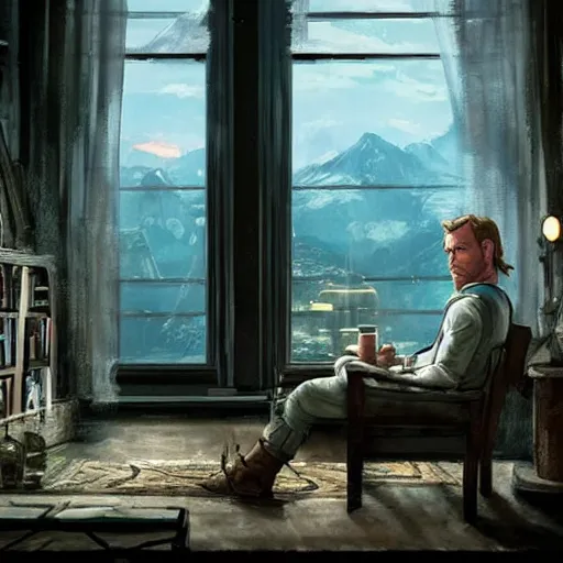 Prompt: ewan mcgregor is having a coffee in a draw room, white cat, huge bookshelf at the background, fireplace, digital art, very detailed, extreme long shot, atmosphere, dramatic lighting, epic composition, wide angle, by miyazaki, nausicaa ghibli, breath of the wild