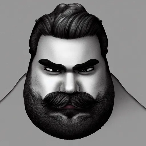 Image similar to face portrait a big beefy man with a large face, thick dark hair, a bushy black moustache, no beard, with hardly any neck and mean little eyes, highly detailed, digital art, sharp focus, trending on art station, drawing