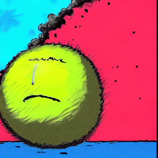 Prompt: a tennis ball monster ,tennis ball, volcano, chalk, digital art, fantasy, magic, trending on artstation, ultra detailed, professional illustration by Basil Gogos