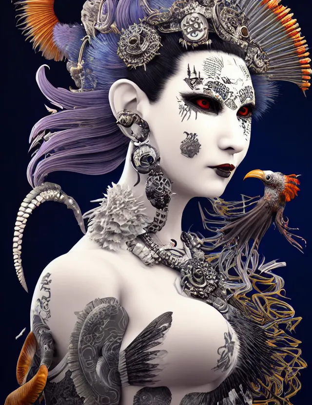 Image similar to 3 d goddess close - up profile portrait punk with mohawk in victorian style with ram skull. beautiful intricately detailed japanese crow kitsune mask and clasical japanese kimono. betta fish, jellyfish phoenix, bio luminescent, plasma, ice, water, wind, creature, artwork by tooth wu and wlop and beeple and greg rutkowski