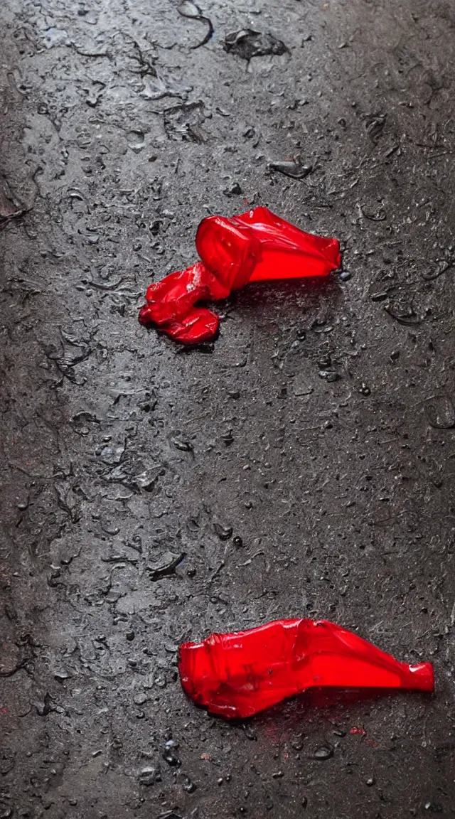 Prompt: a single crushed red plastic cup on wet sidewalk as a classical painting, oil painting, epic lighting, dramatic composition, night