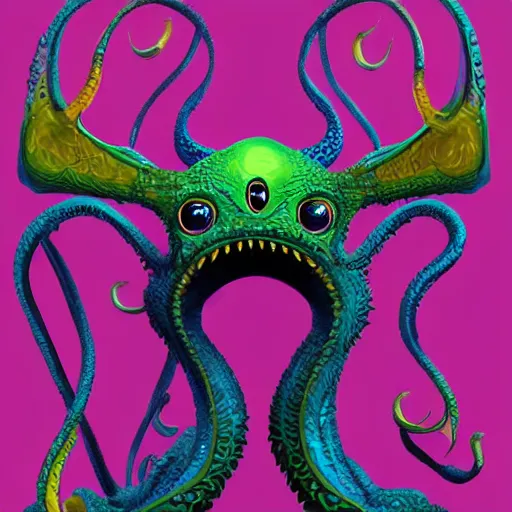 Image similar to cthullu, friendly, smiling, high detail, digital art by Dougal Dixon, trending on artstation, happy, colourful, centered, smooth