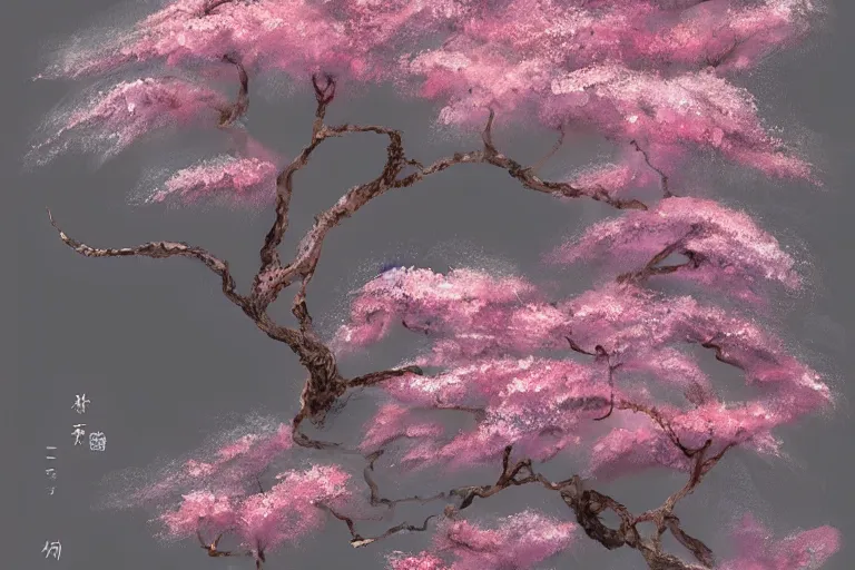 Image similar to highly detailed concept art of a sakura plum tree made with water, overgrowth, Artgerm, Studio Ghibli, Makoto Shinkai