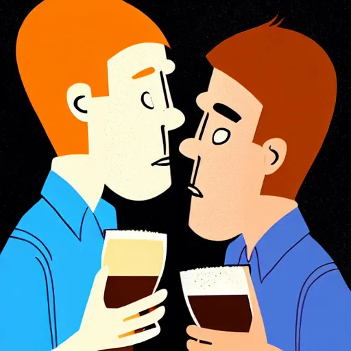 Prompt: two beautiful chad men drinking beers, !!!hearts!!!, friendship, love, sadness, dark ambiance, concept by Godfrey Blow, featured on deviantart, drawing, sots art, lyco art, artwork, photoillustration, poster art