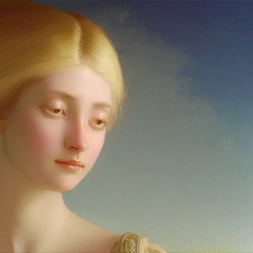 Image similar to a young woman's face, her hair is white and she wears an indigo blue satin cloak, by ivan aivazovsky and syd mead and moebius and gaston bussiere and roger dean and pieter claesz and paul delaroche and alma tadema and aelbert cuyp and jan heem, hyperrealistic, volumetric light, octane render