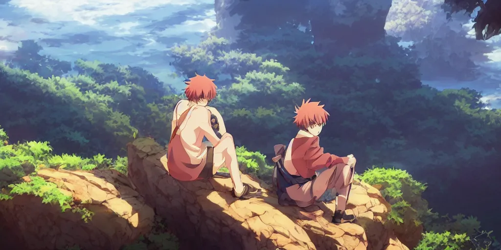 Image similar to isekai masterpiece anime boy sitting on a rock off to the side looking down upon umi, during dawn, cinematic, very warm colors, intense shadows, anime illustration, anime screenshot composite background