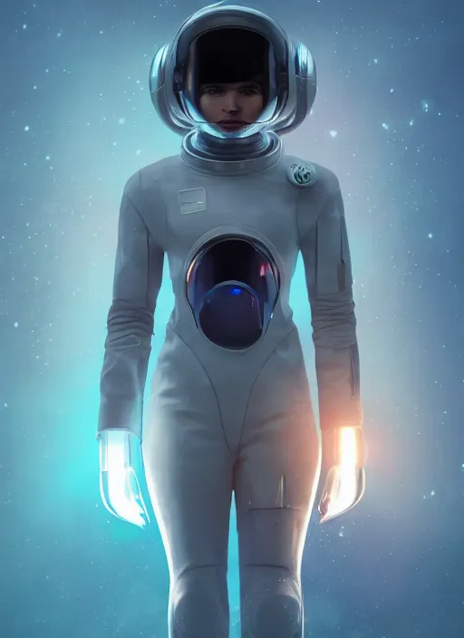 Image similar to Zoe Kravitz with short hair as a futuristic astronaut, helmet with led lights, underwater in the ocean at night, clear water, volumetric lighting, glowing lights, 4k, octane, underwater photography, artstation, concept art, sharp focus, wide angle view,