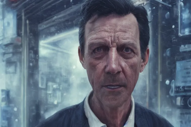 Prompt: a realistic cinematic headshot portrait of an evil scientist, stood outside a corner shop, foggy, detailed, depth of field, movie still, dramatic lighting, by krenz cushart and annie leibovitz