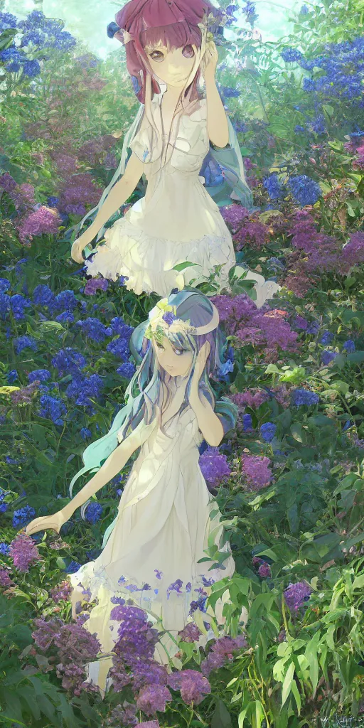 Image similar to a digital art of a loli with long hair in a dress in the privet garden at after noon, green and warm theme, blue flowers accents, back lighting, by krenz cushart and mucha and akihito yoshida and greg rutkowski and makoto shinkai, highly detailed, 4 k resolution, trending on art station