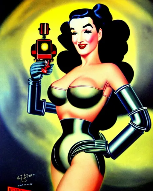 Image similar to closeup beautiful retro space dita von teese posing with a chrome robot in dieselpunk city at night, pinup, windblown dark hair, seductive, hyper detailed, digital art, smooth, sharp focus, luis royo, gil elvgren, alberto vargas, 1 9 5 0, when mars attacks