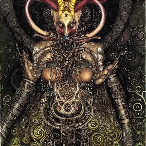 Prompt: horned cybernetic demon, circuitry, intricate detail, klimt, royo,