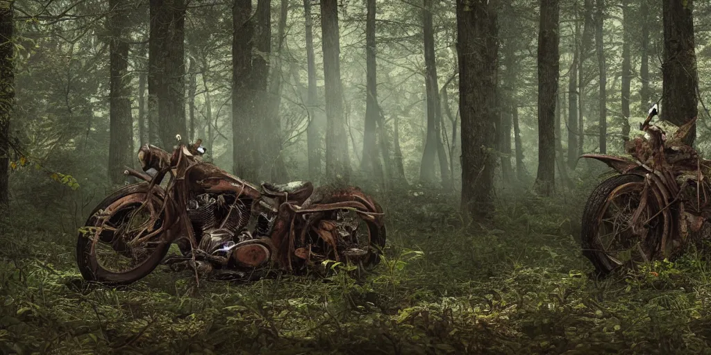 Image similar to Photograph of an abandoned rusty 1950's Harley Davidson in a forest track, covered with vegetation, soft lighting, crepuscular rays, realistic octane render, 8k, ultra detailed, concept art