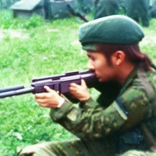 Prompt: “ hamster in the vietnam war, firing his m 1 6, action shot, highly detailed, film photograph ”