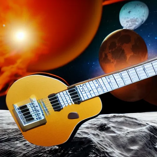 Image similar to a photo of a detailed, realistic, regular sized, sitting idle electric guitar next to an idle beer can next to an astronaut sitting on the moon surface. detailed photo. realistic photo