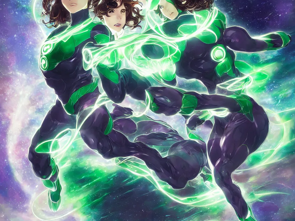 Image similar to anime key visual of one beautiful female green lantern, dc comics, power, hope, glowing, intricate, in space, stunning, highly detailed, digital painting, artstation, smooth, hard focus, illustration, art by artgerm and greg rutkowski and alphonse mucha