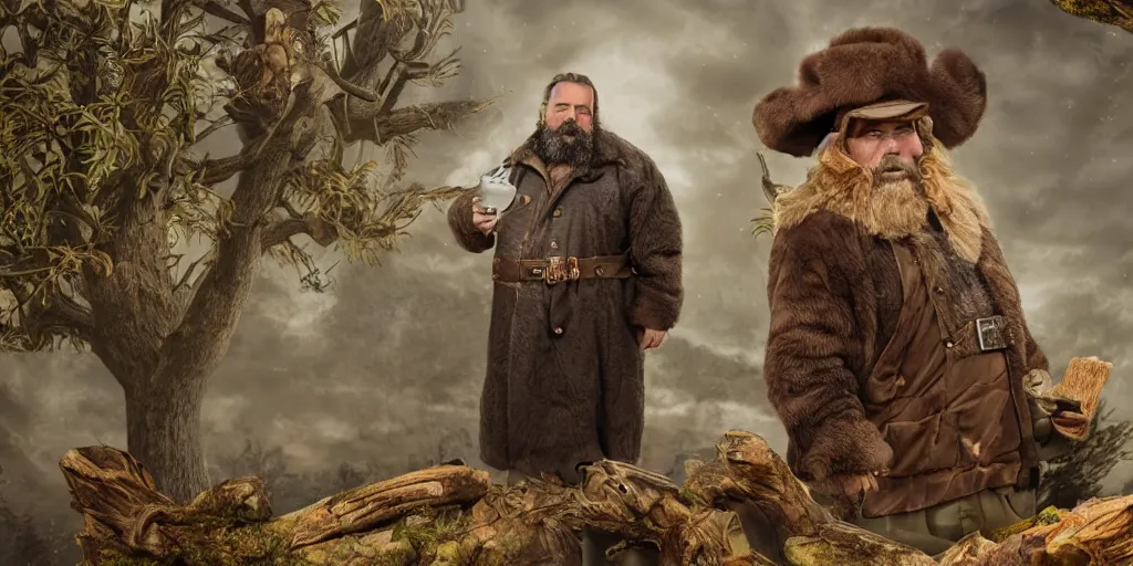 Image similar to high quality matte painting of a fantasy middle - aged burly lumberjack with a beard, dark hair, wearing a fur coat