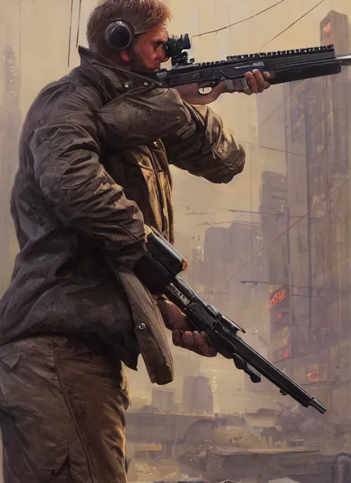 Image similar to salesman demonstrating belt fed automatic pistol armalite m 2 1 1 1. blade runner 2 0 4 9 concept painting. epic painting by james gurney, azamat khairov, and alphonso mucha. artstationhq. painting with vivid color. ( rb 6 s, cyberpunk 2 0 7 7 )