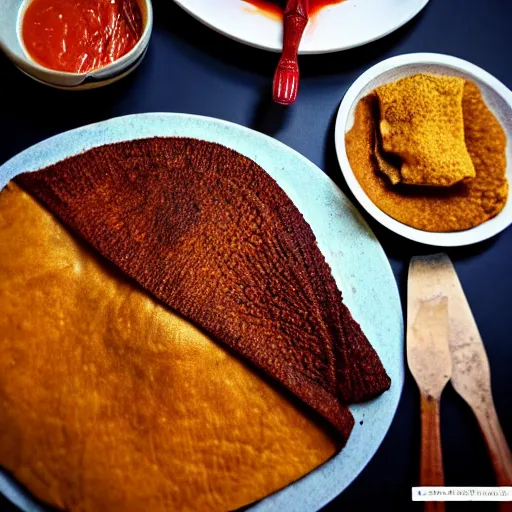 Prompt: Injera with the best made tsebhey and alitcha, food photography