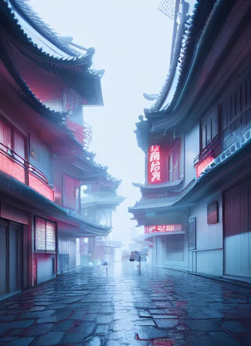 Prompt: subsurface scattering, white, future kyoto city ， vibrant colors, octane render, fenghua zhong, volume light, highly detailed, rim light, art, cinematic lighting, very coherent, hyper realism, 8 k