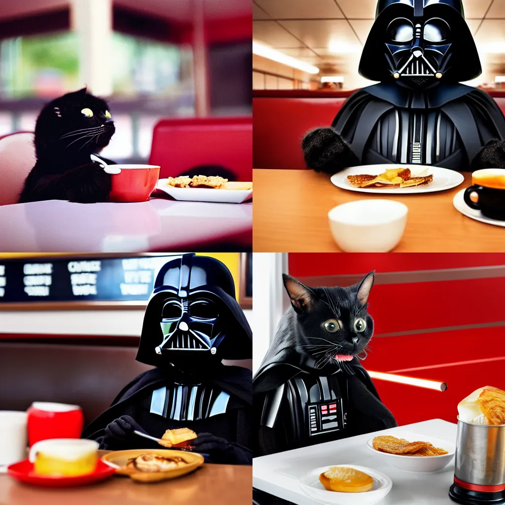 Prompt: closeup photo of darth vader's cat eating breakfast in a retro diner, 4k