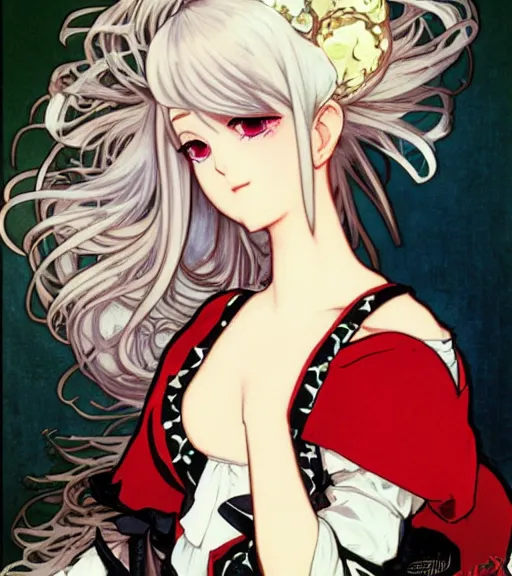 Image similar to Portrait of an anime girl with white hair wearing red gothic lolita dress, beautiful, 4k, smooth, sharp focus, art by Alphonse Mucha and Shirow Masamune