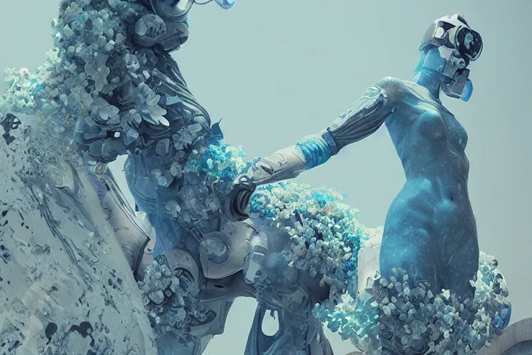 Prompt: marble statue covered in blue flowers, cyberpunk art by mike winkelmann, trending on cgsociety, retrofuturism, reimagined by industrial light and magic, darksynth, sci - fi