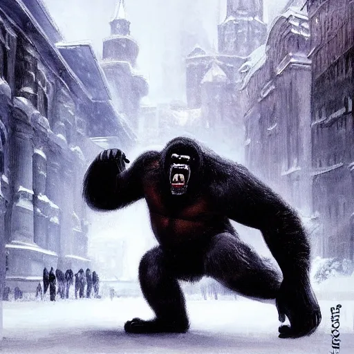 Image similar to angry and aggressive king kong in winter moscow, digital painting, very detailed, art by jakub rozalski and artgerm