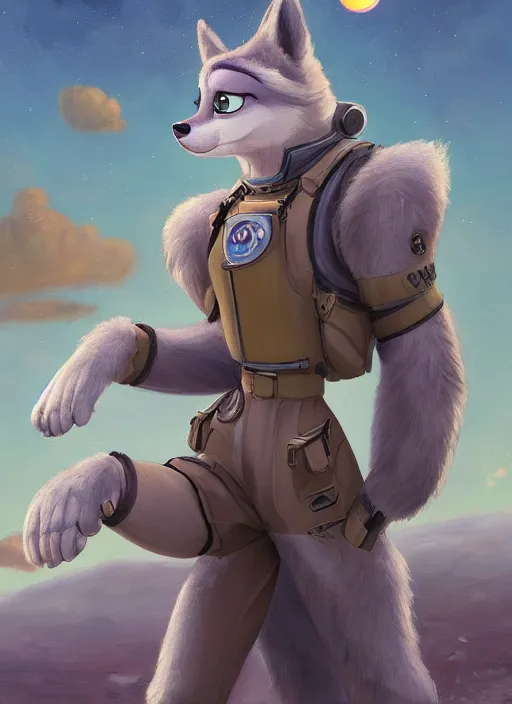 Image similar to oil painting detailed full body of anthromorphic female wolf, in style of zootopia, zootopia, zootopia, fursona, furry, furaffinity, 4 k, deviantart, furry art, fursona art, wearing astronaut outfit, in style of zootopia, wolf fursona, cyberpunk, female, expressive, detailed feminine face,