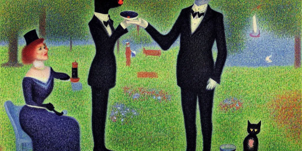Image similar to anthropomorphic black cat in a suit serving tea to a lady in a beautiful blue dress on a boat, garden, flowers, lake, pale colors, anthropomorphic cat, sunny, sharp focus, highly detailed, pointillist style, art by Georges Seurat, painting, masterpiece