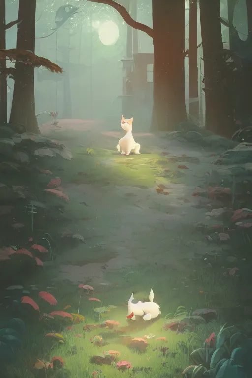 Image similar to a moment of pure bliss, the white cat in front of the small house in the forest, cory loftis, james gilleard, atey ghailan, goro fujita, character art, exquisite lighting, clear focus, very coherent, plain background, dramatic painting