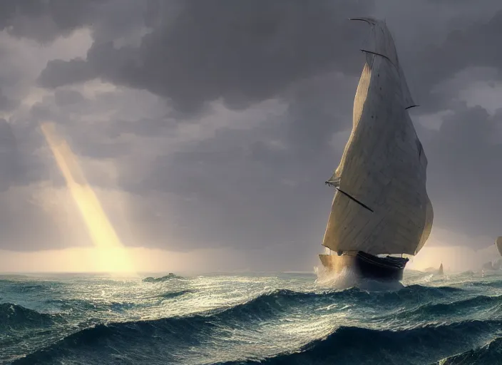 Image similar to an seascape painted by, mc escher, gordon onslow ford, georgia o'keeffe and ivan aivazovsky, cinematic light, god rays, unreal engine, zbrush central,