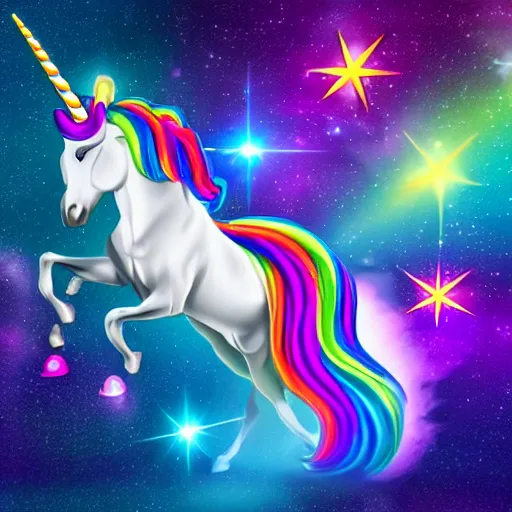 Prompt: an unicorn with rainbow ponytail shooting red laser beams from eyes flying on the background of the sky