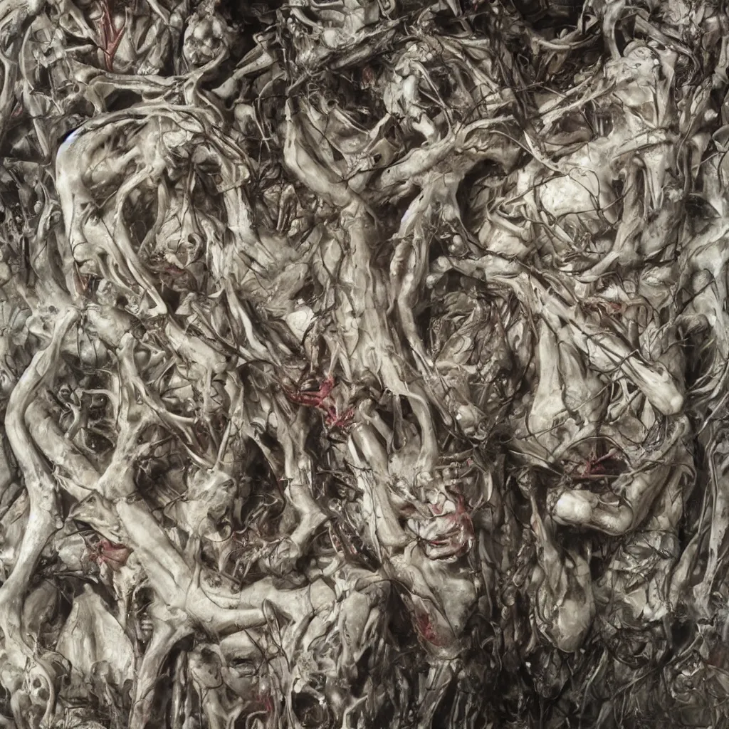 Image similar to realistic shot bloody bones, organs and flesh, biomechanical technology, natural light, by h r giger