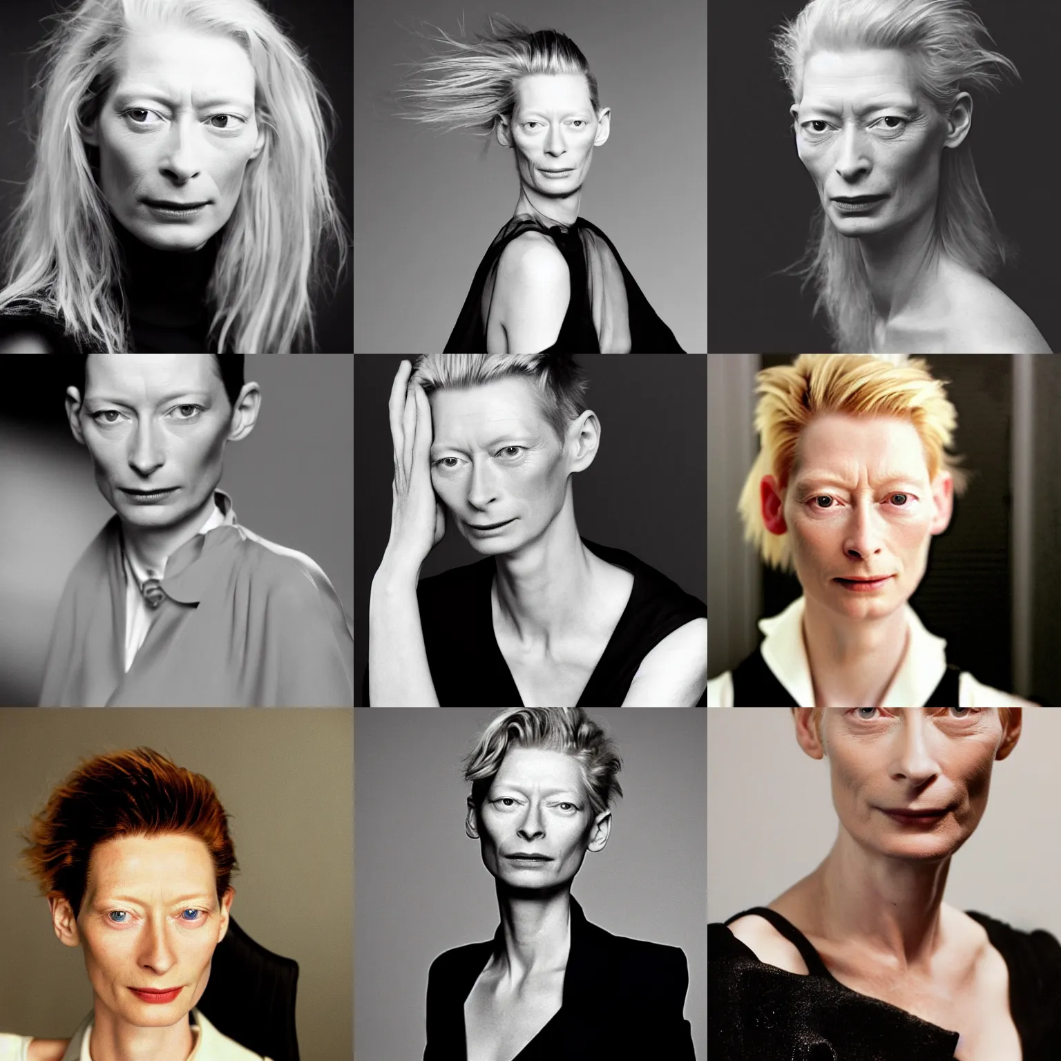 Prompt: the close - up portrait photo of young beautiful tilda swinton weared in black dress in studio