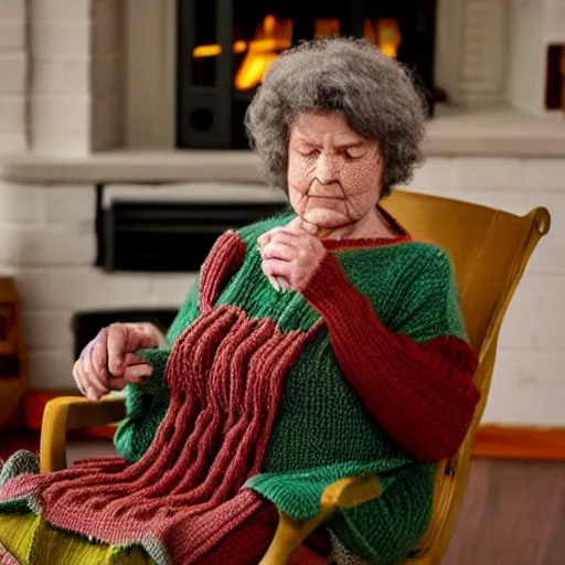 Image similar to an old woman knits a sweater made out of writhing worms in a rocking chair in front of a fireplace, horror movie still