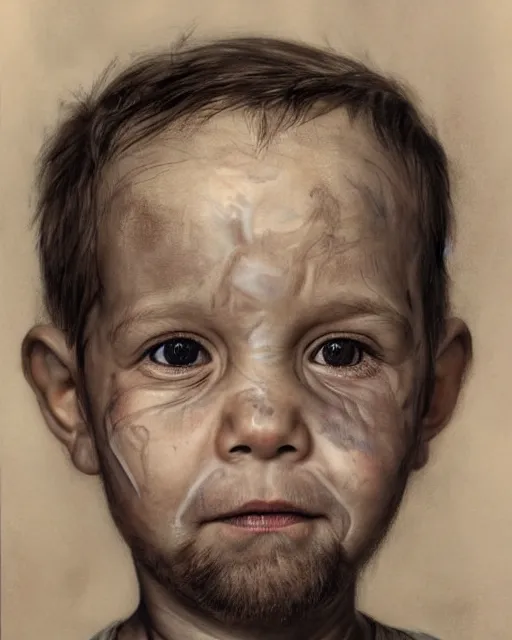 Image similar to portrait of a 5 year old child, with old wrinkly skin and a scruffy beard, very detailed eyes, hyperrealistic, very detailed painting by Joao Ruas, by Artgerm