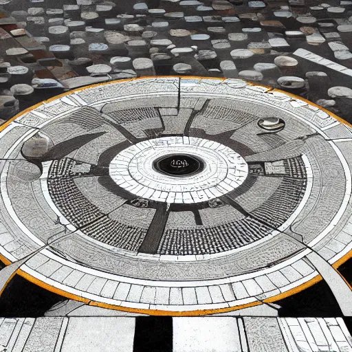 Image similar to art nouveau floor pattern, geometric, interlocking, solar system, scifi inspired, foundation, thin lines, black and white by paul chadeisson, greg rutkowski