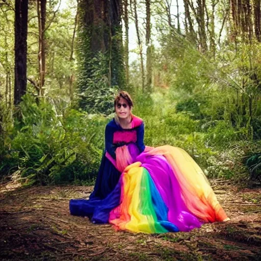 Image similar to picture of gemma arterton wearing a long rainbow wedding gown, sitting in a colorful forest