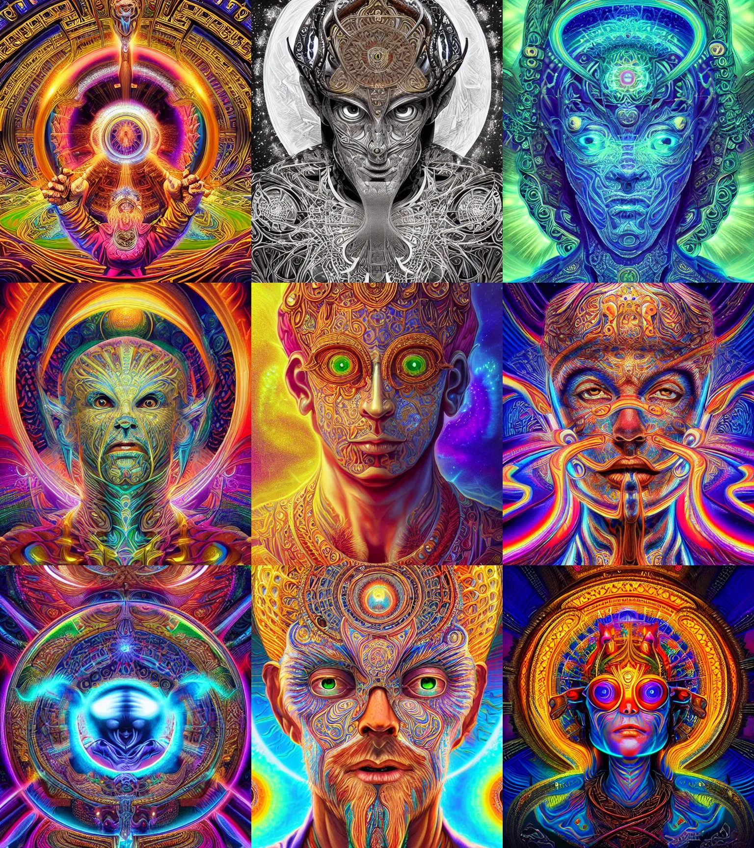 Image similar to a intricate ornate psychedelic image of a god with a glowing third eye, digital art by artgerm, alex grey, dan mumford, felix kelly, psychedelic art, psychedelic, fractalism, fractals, sacred geometry, trending on artstation, hyper realism, highly detailed, cgsociety, octane render, raytracing, 3 d