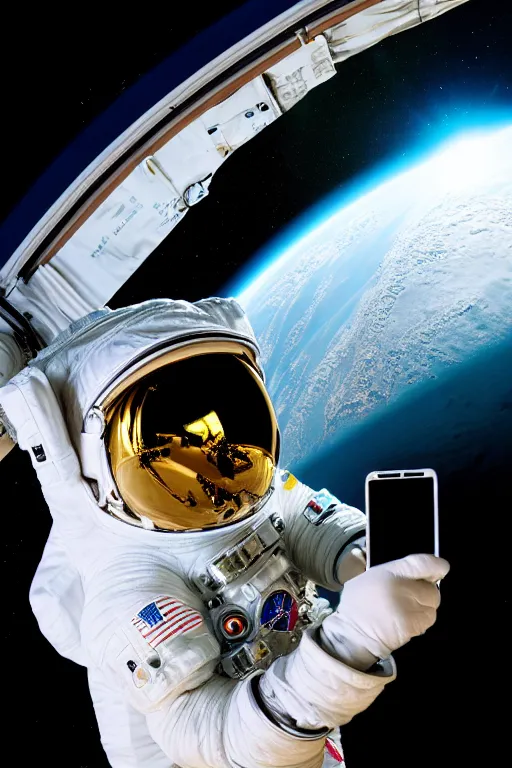 Image similar to extremely detailed studio portrait of space astronaut, holds a smart phone in one hand, phone!! held up to visor, reflection of phone in visor, moon, extreme close shot, soft light, golden glow, award winning photo by nasa