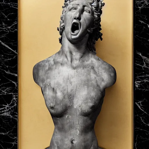 Image similar to studio portrait, a roman revival black marble statue of a screaming roman woman with her face and torso covered in an intricate golden fishing net