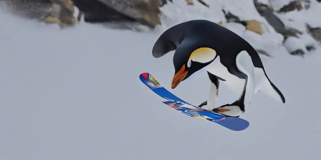 Image similar to ultrawide angle, high speed sporting photography of a penguin on a snowboard in the halfpipe winning the olympic medal, extremely detailed, 8 l